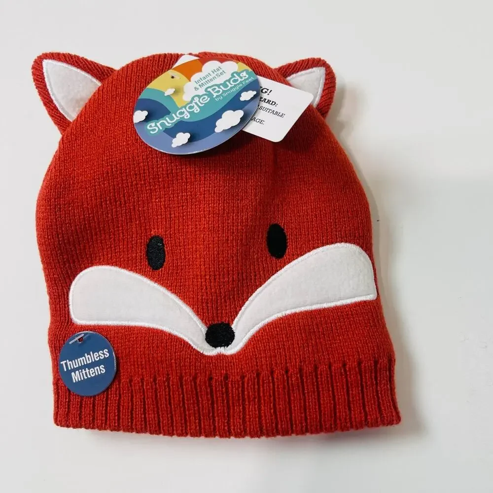 Snuggle Buds Infant‎ Hat & Thumbless Mitten Set Knitted Cute Baby Fox Hat 0-12m